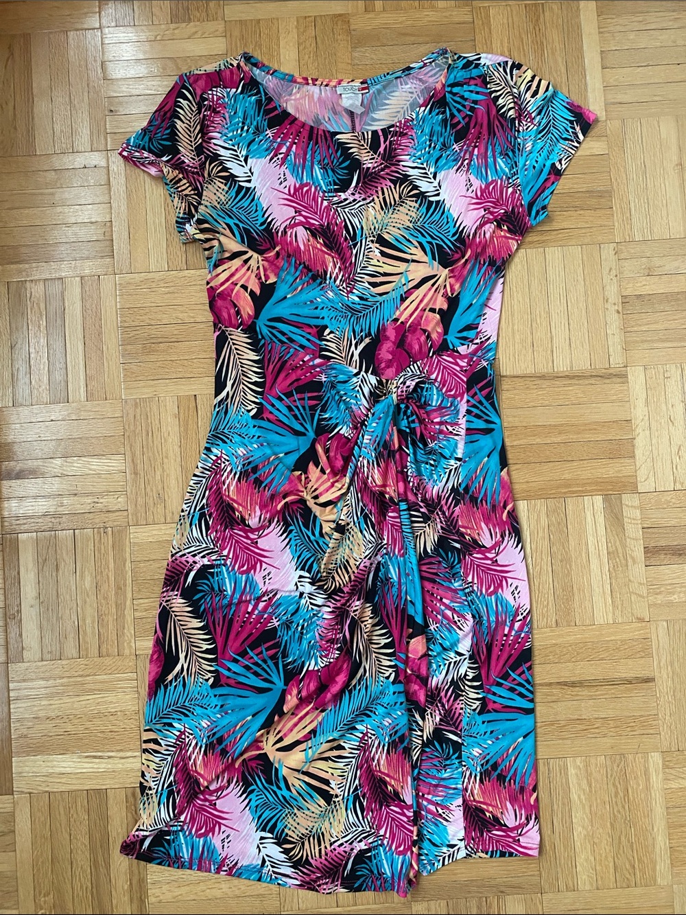 Faux Tie-Front Tropical Print Midi Dress - Pink/Teal